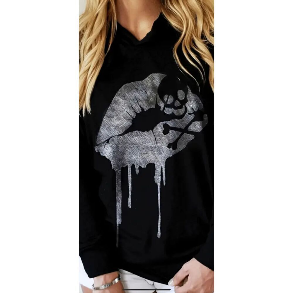 Skull lightweight sweatshirt with kissy lips, perfect for spring or fall weather - Picture 10 of 10